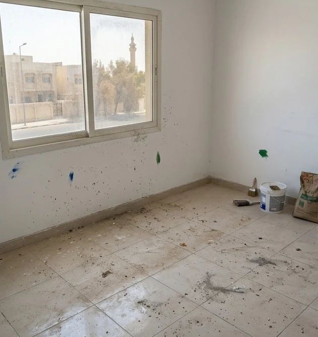 قبل: تنظيف ما بعد البناء: غرفة قبل وبعد